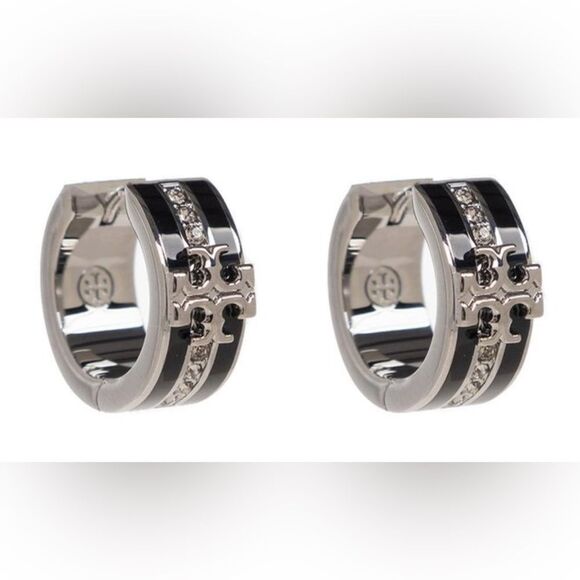 Tory Burch Kira Black and Silver Crystal Hoop Earrings - Picture 1 of 4